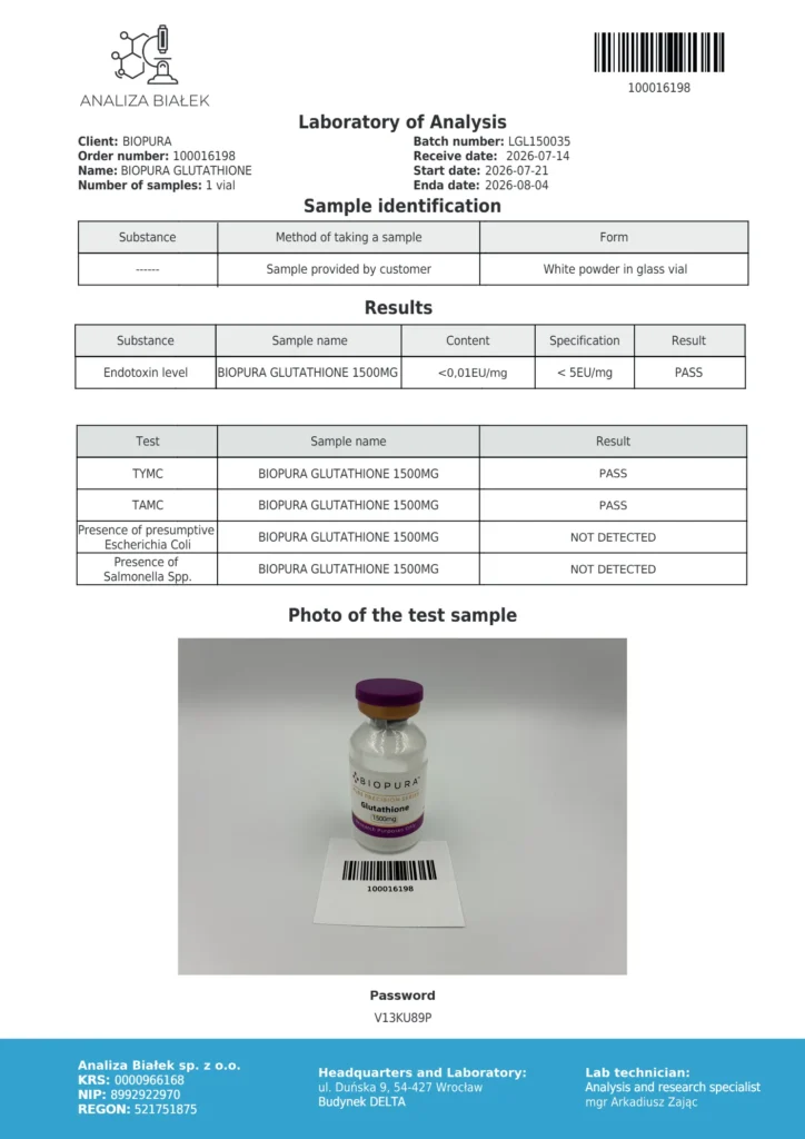 L-Glutathione 1500mg Endotoxin Report