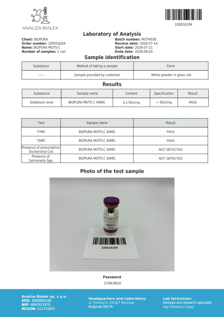 MOTS-C 40mg Endotoxin Report