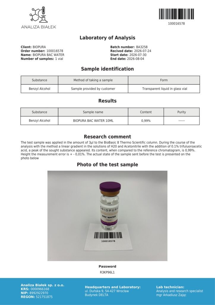 Bacteriostatic Water 10ml COA Summary