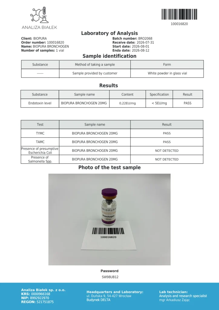 Bronchogen 20mg Endotoxin Report