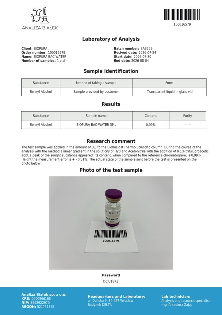 Bacteriostatic Water 3ml COA Summary