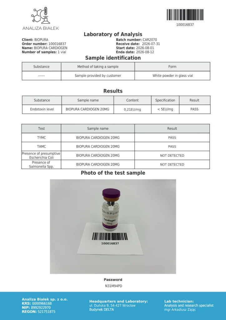 Cardiogen 20mg Endotoxin Report
