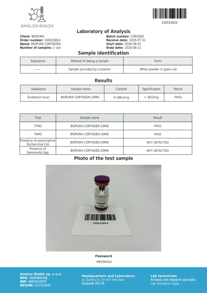 Cortagen 20mg Endotoxin Report