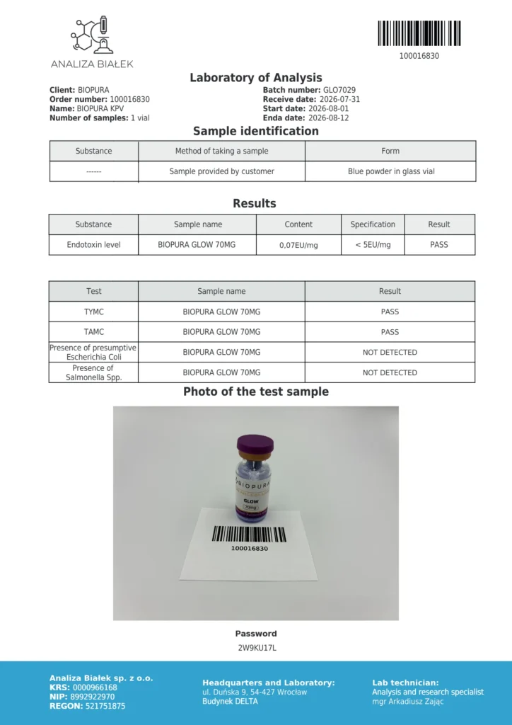 Glow 70mg Endotoxin Report