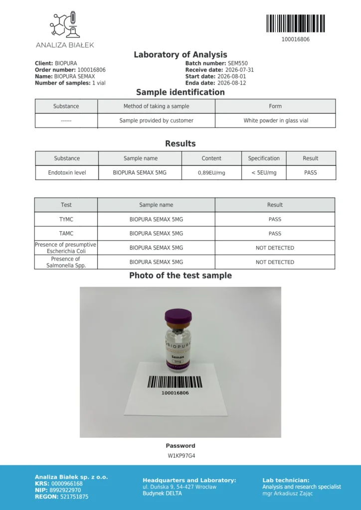 Semax 5mg Endotoxin Report