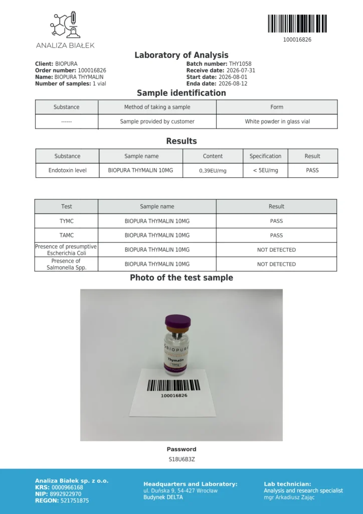 Thymalin 10mg Endotoxin Report