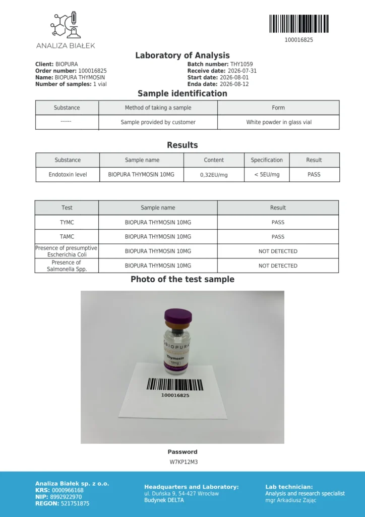 Thymosin Alpha-1 10mg Endotoxin Report